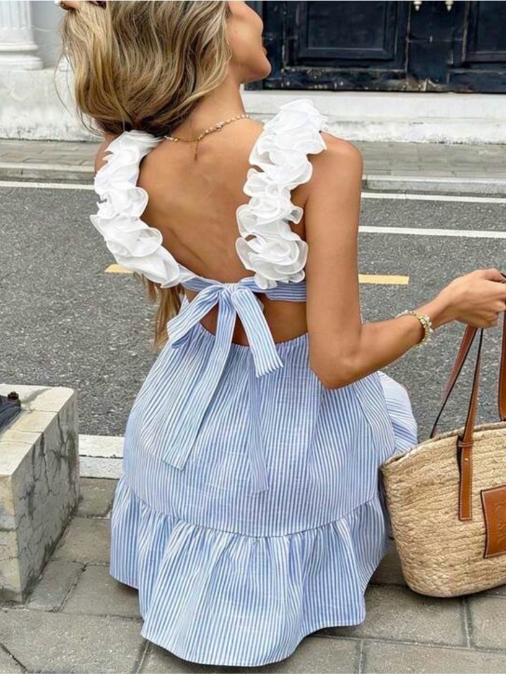 Striped Blue and White Ruffle-Back Sundress